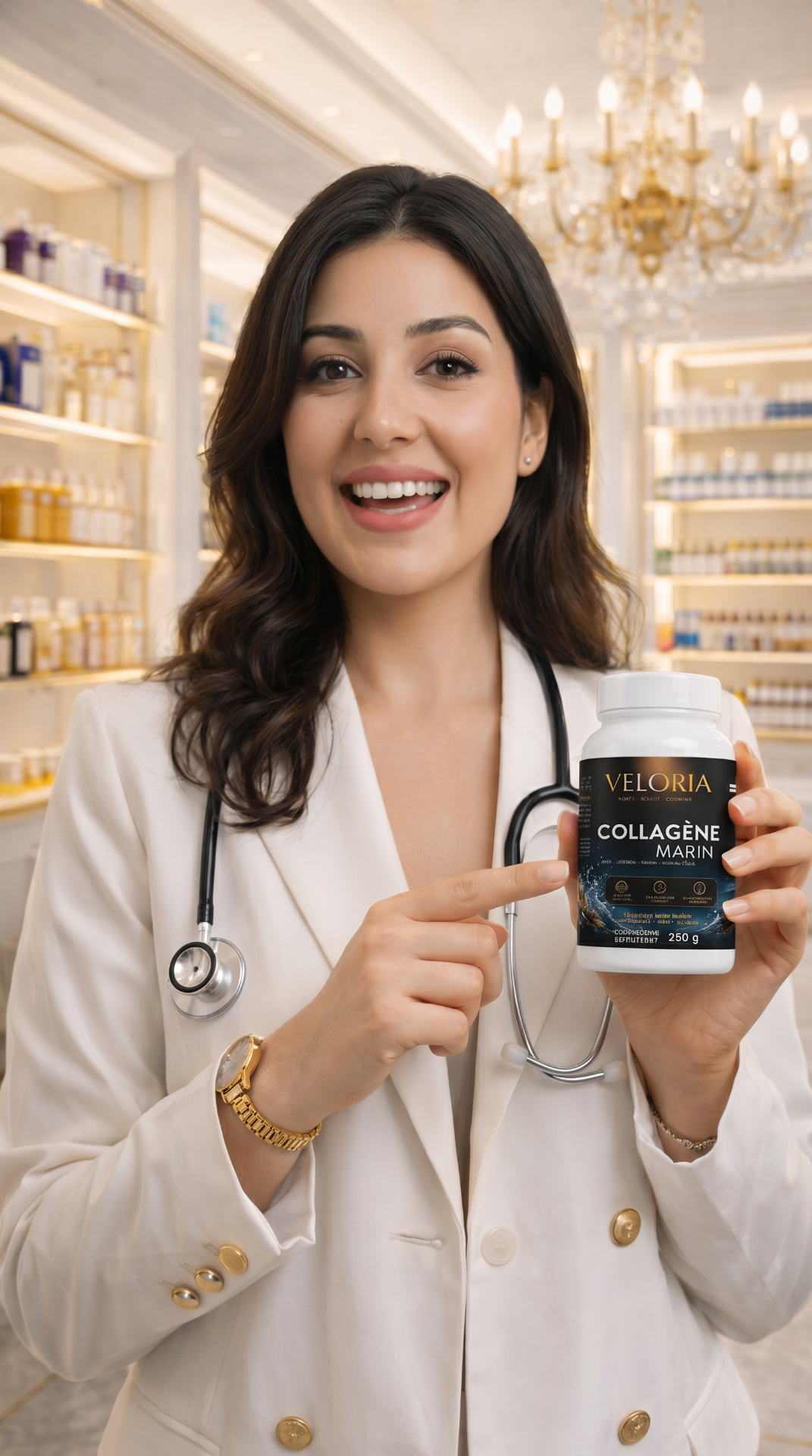 Pharmacienne recommandant Veloria Collagène Marin